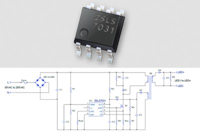 ZMDI's new ZSL7031 LED driver IC and its typical schematic for an isolated application