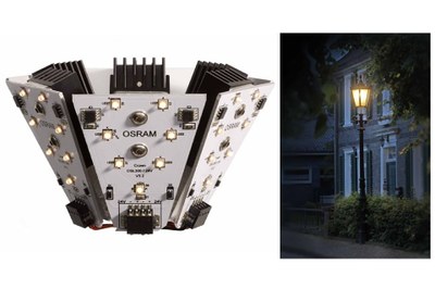 The luminaire (right) with the ease and almost without tools installable Decorative Street Lighting (DSL) LED refurbishing module (left) consumes up to 60% less energy than with originally fitted mercury vapour discharge lamps
