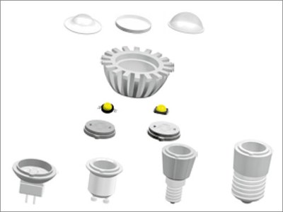 The pre-optimized components of the CeramCool LED Lamp Kit can be combined as required: Sockets, base plates according to wattage, LED types based on customer specifications, reflectors and lenses.