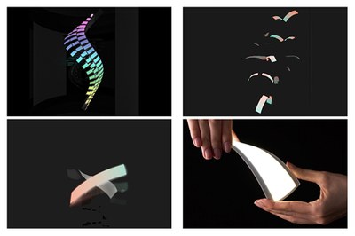 From top left to bottom right: Color-tunable OLED models Irodori, Ibuki, Habataki 2.0, and a demonstration of the OLEDs flexibility
