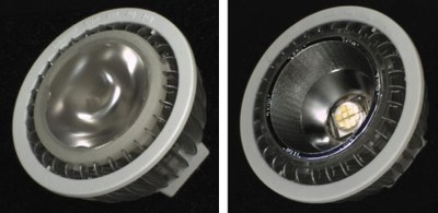 MR16 assembly using the XLamp MT-G LED (left: Carclo TIR optic, right: Ledil reflector optic)