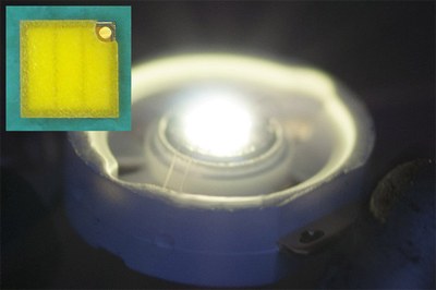 SemiLEDs' high-output, high-consistency unpackaged white chips (inset) support the development of creative new LED packages, especially lower-profile implementations