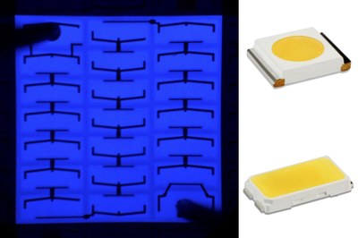 A chip of the MJT series designed by multi Junction technology; several cells are connected by junctions as a chip (left). The MJT series 3528(top right) and 5630(bottom right) package