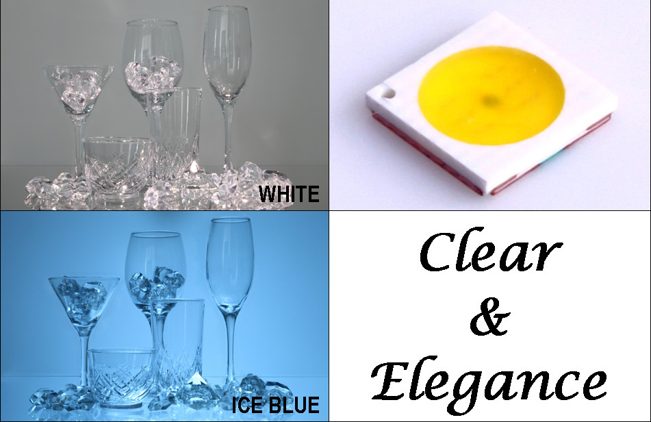 The extreme color temperature of Stanley's "Ice Blue" LED gives clear objects, such as glass, diamonds or water a special appearance