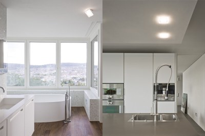 The rotatable and tiltable Module Q 36 TT ceiling luminaires set lighting accents in the bathrooms (left). Module Q 36 luminaires provide strong light above the working surfaces in the kitchen (right)