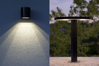 The black Whisky Fox outdoor wall luminaire is the new, round version of Whisky Pur model (left). Other special LED luminaires also have their place on the balcony and in the entrance area: the circular post-mounted luminaires are based on a suggestion by architect Hans-Georg Popp (right)