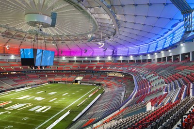 Lumenpulse's LED lighting fixtures create dramatic color effects inside BC Place Stadium, making for a more fun and interactive fan experience for this year's Grey Cup or other events at the stadium