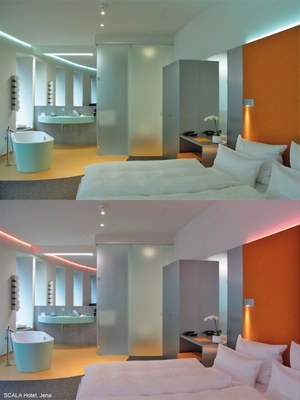LED lighting allows to change the appearance of the luxury suites of the SCALA Turm Hotel