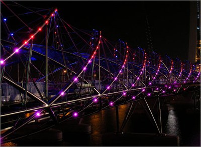 10,000 High Efficiency LEDs in custom fixtures make Helix Bridge gleam in a beautiful light.