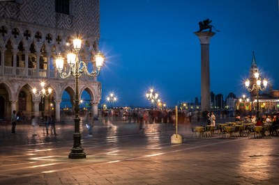 Piazza San Marco and the Doge's Palace with lit luminaires