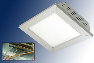 This new high bay ceiling light offers high brightness via a GLT edge-lit light guide plate (LGP), a slim profile and ATD’s loop heat pipe (LHP) thermal management (inset)