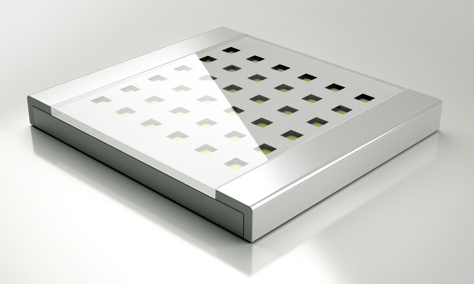 The extremely flat design, a thickness of just 10.75 mm, turns the LED Q-Pad lamps into versatile architectural wonders, allowing for an unconventional and also energy efficient lamp design. Photo: Hera