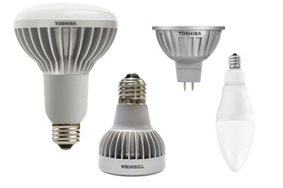 Toshiba's new BR30 PAR30 lamp, 220-240V marine lighting bulb, MR16 lamp, and B11 candelabra lamp (from left to right)