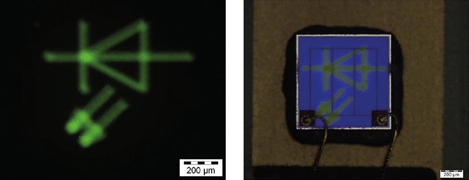 Figures 10: Fluorescence microscope image of an LED symbol printed from the Ce:LuAG phosphor