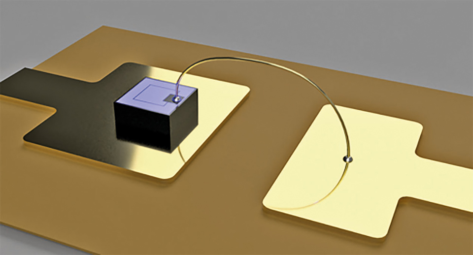 Figure 2: Schematic of replacing the wire bond for contacting the top contact pad of an LED module by printed electrical interconnects