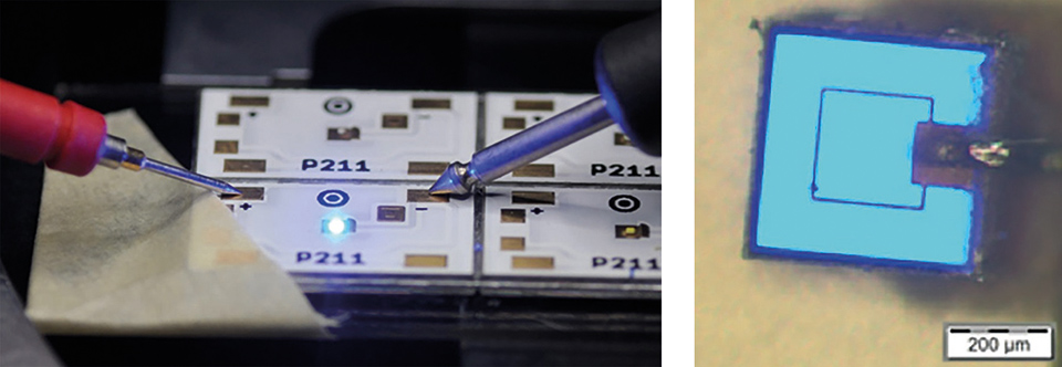 Figures 6: LED module with a blue emitting LED die (left) the LED die under operation (right)