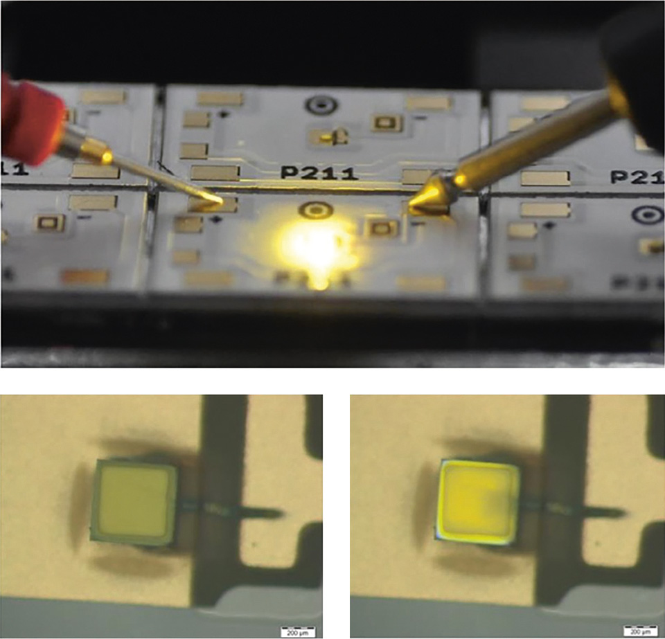 Figures 8: LED with the printed die-attach, printed electrical interconnects and a printed phosphor layer on the top of it