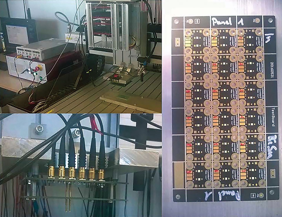 Figure 5: The automatic tester is displayed on the top left and the probing system on the bottom left. An LED panel is on the right