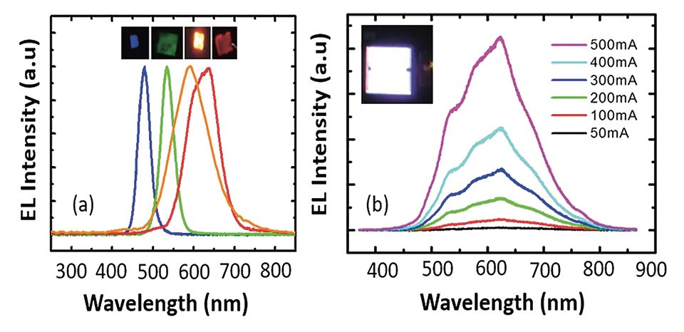 Figure 2. (a) Electroluminescence spectra of various InGaN/AlGaN LEDs with distinct emission colors, along with their optical image. (b) Electroluminescence spectra of the phosphor-free core–shell nanowire white-LED under injection current along with the optical image of the white LED[1]