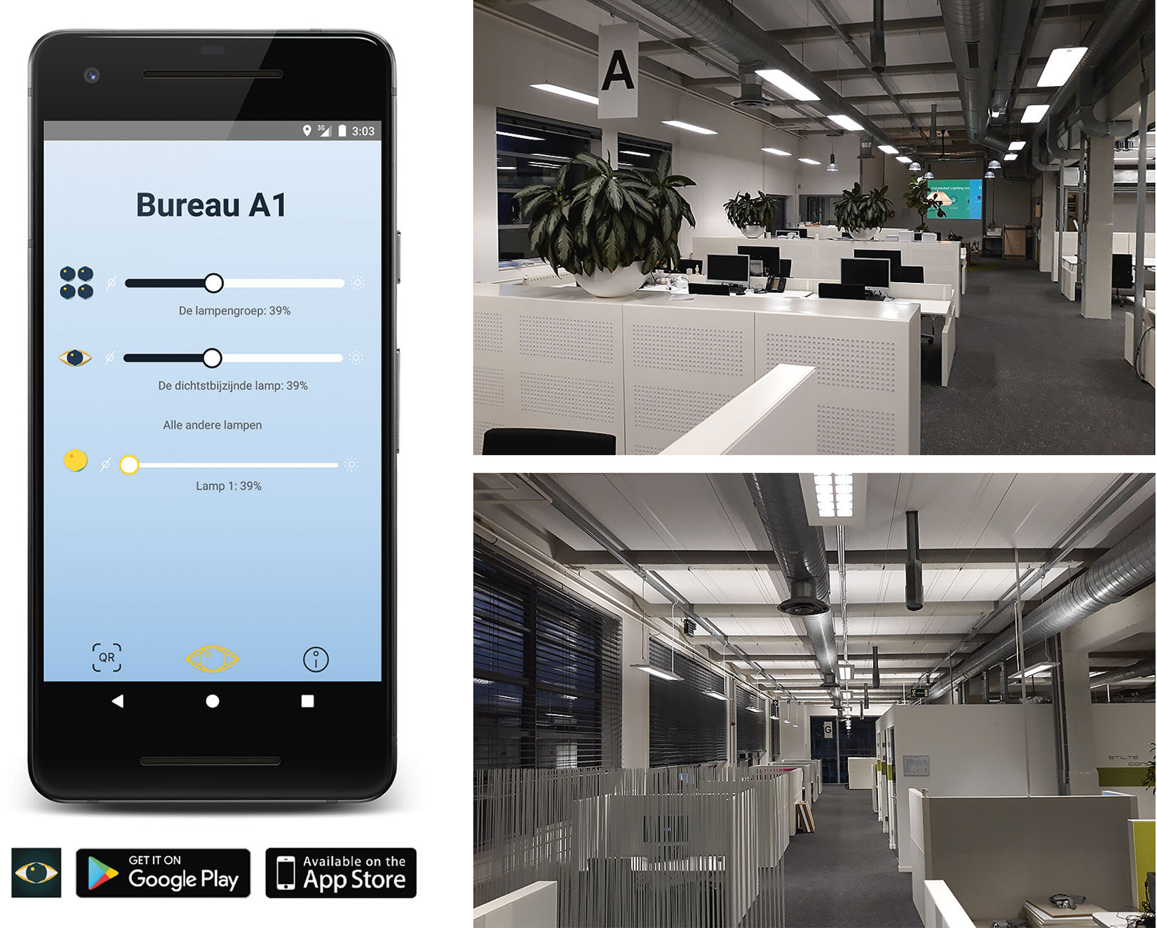 Figure 4: User control app by TU/e (left). Impressions of the pilot office space in the White Lady building. Luminaires from Philips (top right) and Zumtobel (bottom right)