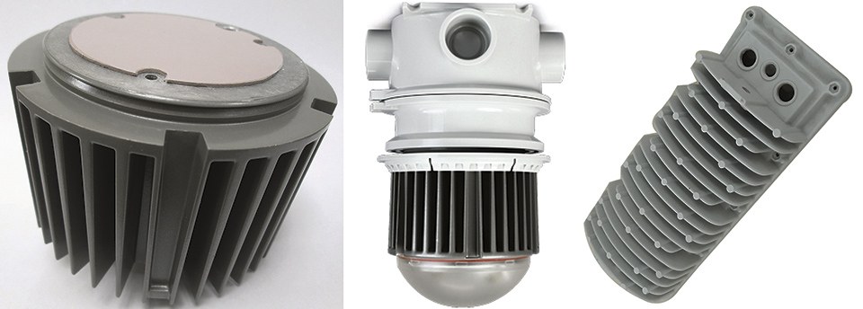 Figure 2: Example of a die cast heat sink and its application. Die cast heat sinks are the low cost solution for mass production of standard products