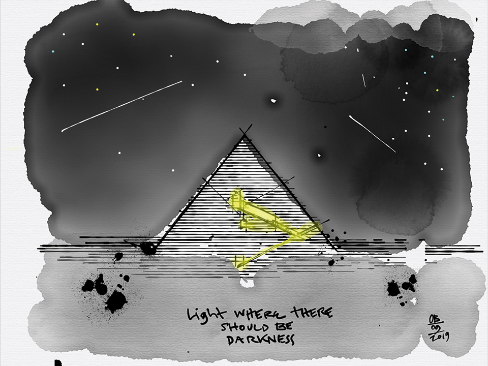 A water color sketch by Ruairí O'Brien demonstrating where in the original concept of the pyramids