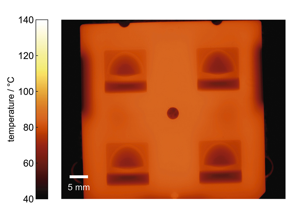 Figure 7: Thermographic image of the inner surface of the polymer optic (PC) after operation facing downwards