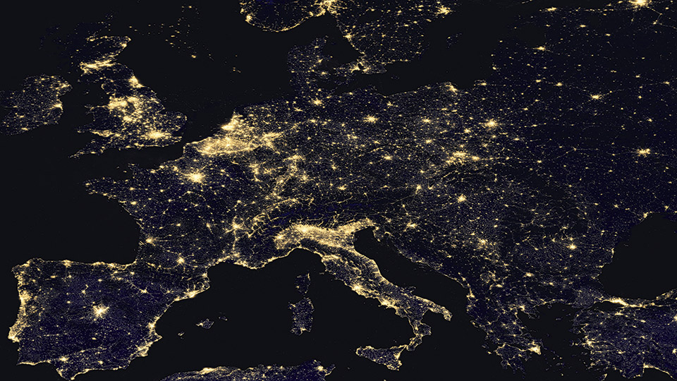 Figure 2: View of Europe at night, composite image from Suomi NPP satellite data from 2012. Resolution approx. 750m per pixel (Credits: NASA)