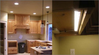 Installed LR6 downlight modules and LED undercabinet fixture.