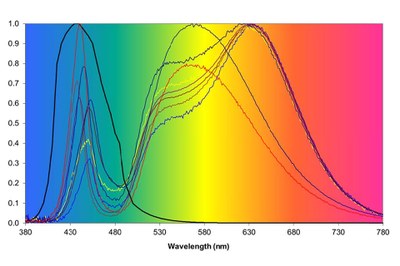 Not just the 8 displayed LEDs have emission spectra falling into the action spectrum of the "Blue Light Hazard" (black curve). A part of the emission spectrum of practically any natural or artificial light source falls in this range around 437nm