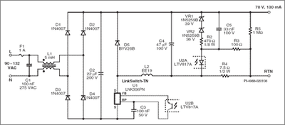 Schematic of a 70 V, 9.1 W Constant Current Buck Converter for Driving LED
