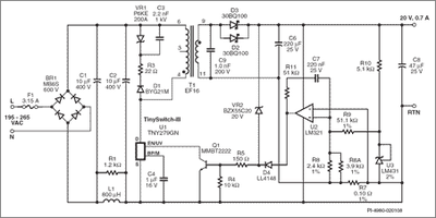 Schematic of 14 W LED Driver Power Supply Using a TNY279GN in High Ambient Temperature Applications