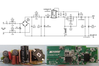 Schematic and populated circuit board for Power Integrations' reference design for 100W A19 replacement bulbs