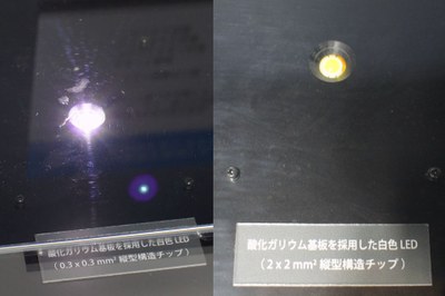 Gallium oxide based white LEDs that use 0.3 x 0.3mm (left) and 2 x 2mm (right) blue LED chips, respectively