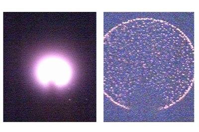 Low-magnification (left) and high-magnification (right) photos of light emission from the new zirconium-doped hafnium oxide based LED