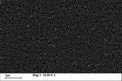 Figure 1. Scanning-electronic-microscope image of self-organized silica nanospheres. The diameter is 100nm. Mag: Magnification.