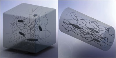 At left, an illustration of the tangled nature of the polymer filaments, with heat-stopping voids indicated as dark blobs. When drawn and heated into a thin thread (right), the molecules line up and the voids are compressed, making the material a good conductor.