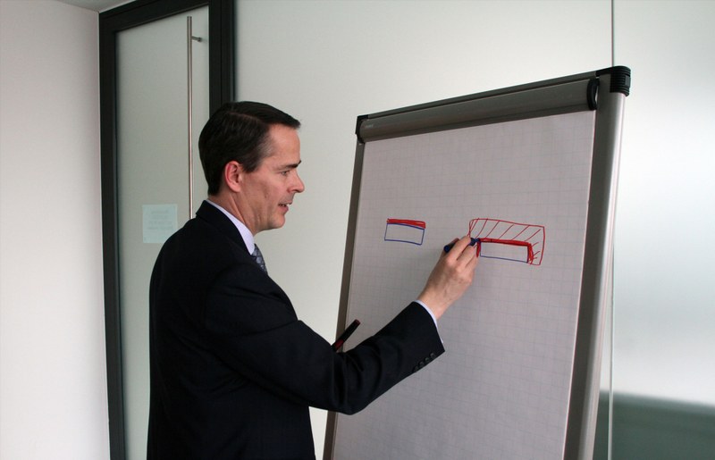 Daniel Doxsee uses the flip chart to explain different phosphor coating approaches