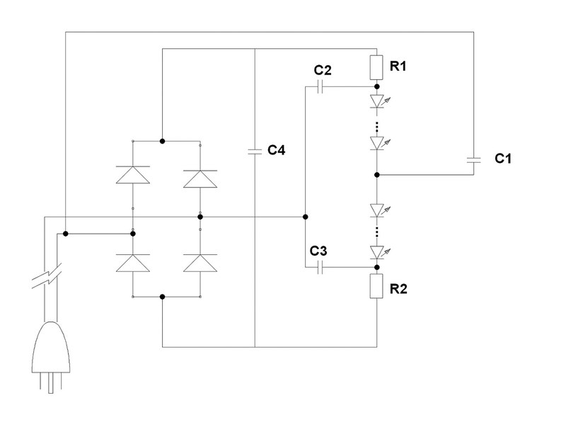 A driverless AC LED light engine circuit for under 5 W