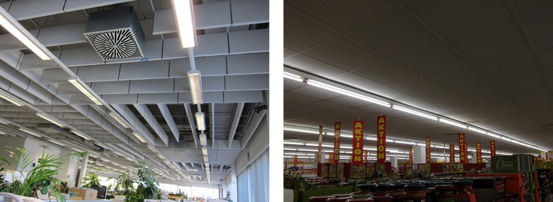 Lamp installations in open office space (left) and supermarkets (right)